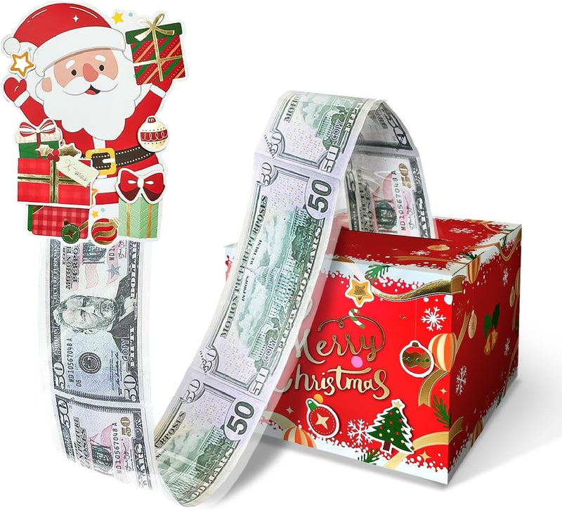 YAOLIGIFT Christmas Money Box for Cash Gift Pull, Surprise Explosion Gift with 60Pcs Transparent Bags for Christmas, DIY Holiday Cash Box for Money Holder for Women Men Girls Boys Mom Dad (Red) - Image 1